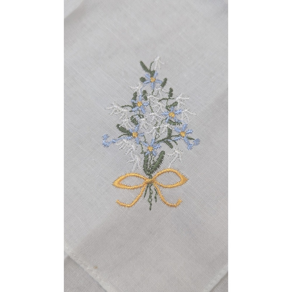Hand Embroidered White Cotton Handkerchief Blue Flowers - Set Of 4 - - Picture 5 of 10